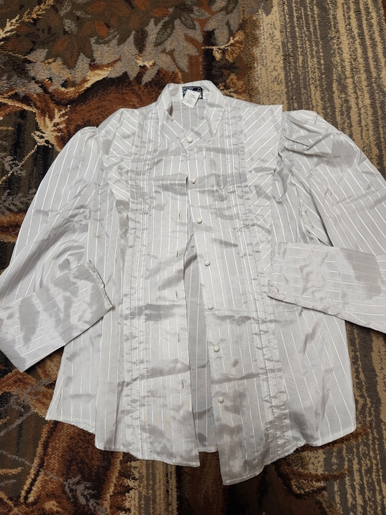 avec moi Tops - Pinstripe Ruffle-Front Blouse
